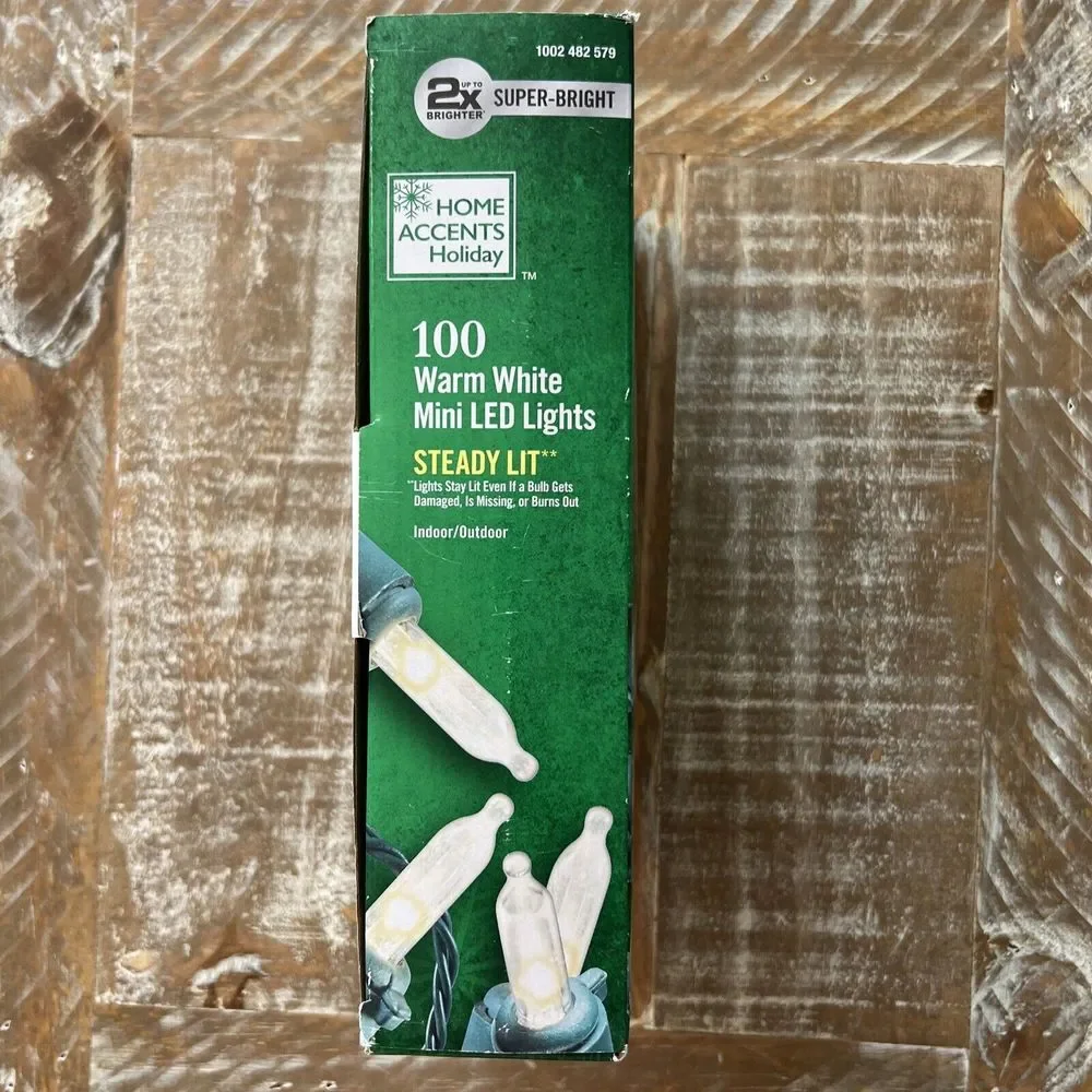 HOME ACCENTS 100 WARM WHITE MINI LED LIGHTS 2X SUPER BRIGHT STEADY LIT CHRISTMAS